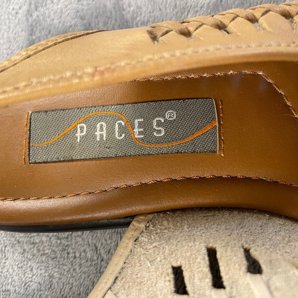 Paces Jen Women's 10W Tan Leather Woven Slingback Loafers Floral Perforated Boho